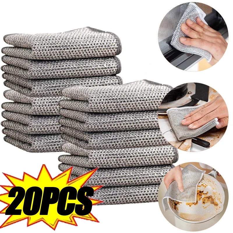 New Thickened Steel Wire Cleaning Cloth Non-Scratch Double-layer Iron Microfiber Mesh Dishrag Washing Pot Rags Kitchen Towels